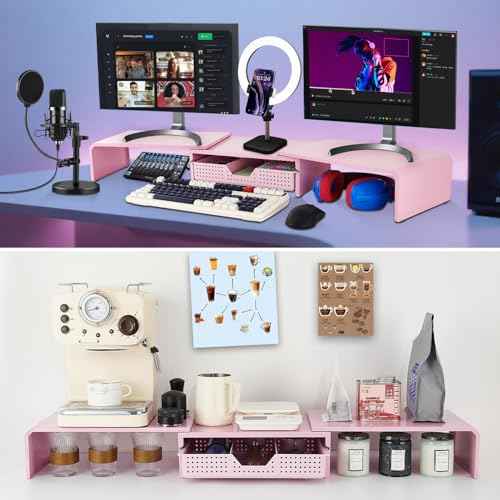 Dual Monitor Stand Riser with Drawer, Desk Organizer and Accessories, Pink Monitor Stand for Desk, Desktop Stand for Computer, Laptop, TV and More (Pink)