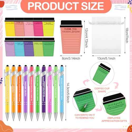 Kosiz 90 Pcs Thank You Coffee Cup Notepads with Ballpoint Pens and Organza Bags Inspirational Notepads Christmas Thank You Gifts for Teacher Employee Staff Team Nurse Christmas Stocking Stuffer Gifts