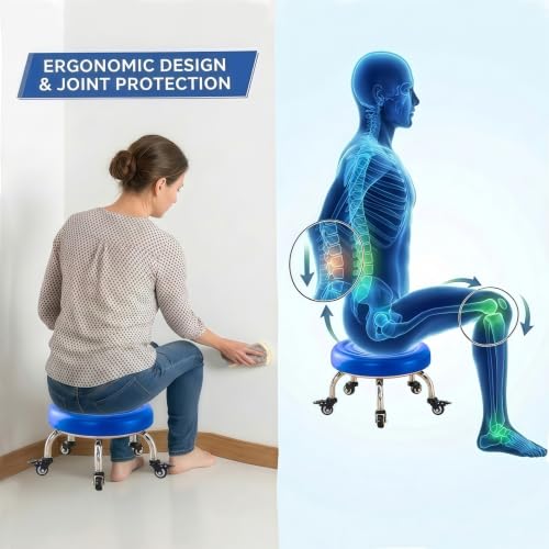 Xnverom Blue Low Rolling Stool with 9-Inch Height – Kids Room, Closet & Household Chores Seat (1 count)