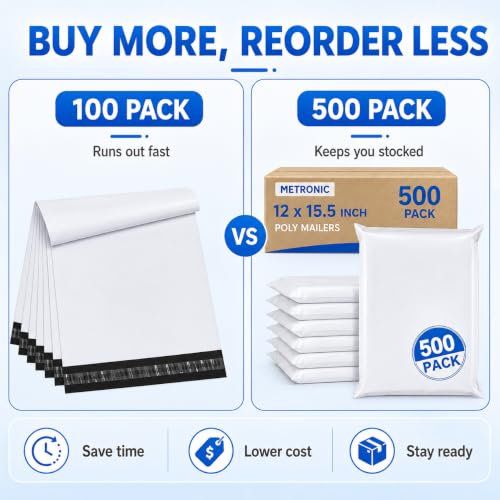 METRONIC White Poly Mailers 12x15.5 Inches Bulk Shipping Bags 500pcs