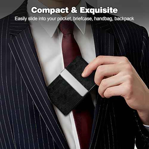 Business Card Holder for Women or Men, Business Card Case with PU Leather and Stainless Steel, Slim Metal Case with Magnetic Closure for Business Meeting Use