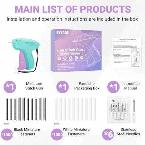 Stitch Gun for Clothes - Handheld Quick Clothing Fixer - Tagging Gun for Clothing, Sewing Kit - Includes 6 Fine Needles, 1000 Black & 1000 White Fasteners (Purple Green)