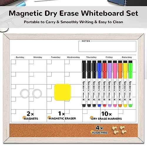 Monthly Whiteboard Calendar & Corkboard for Wall, Magnetic 17"x13" Dry Erase Board with White Wood Framed, 2in1 White Board Cork Board Combo, Calendar Bulletin Board for Kitchen Planner Memo Office