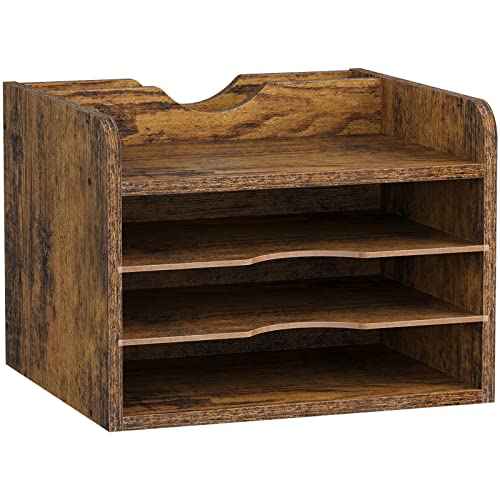 Snughome Vintage Wood File Organizer Desktop, 13.7¡®¡¯ Document Letter Mail Tray Sorter with 3 Adjustable Shelves, Wooden Desktop Paper File Sorter Holder for School Home Office Supplies (Rustic Brown)
