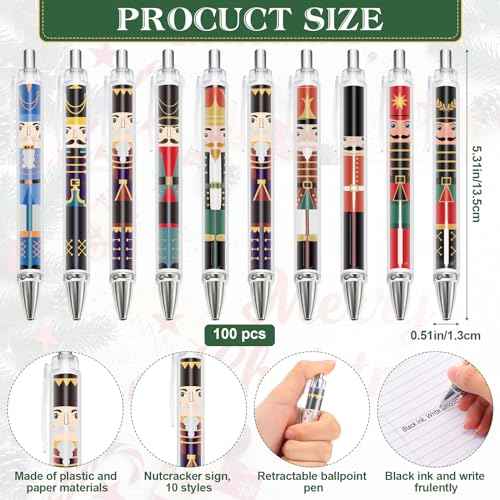 Jetec 100 Set Christmas Nutcracker Gifts Included Nutcracker Ballpoint Pens Soldier and King Retractable Pen with Have a Nutty Christmas Card for Xmas Party Favor