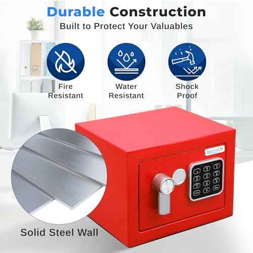 SereneLife Premium Steel Digital Safe Box - 9.1" x 6.7" x 6.7" | Secure Storage for Cash, Firearms & Jewelry | Great For Hotels, Cabinets & Home Use | Electronic & Mechanical Access | 2 Keys | Red