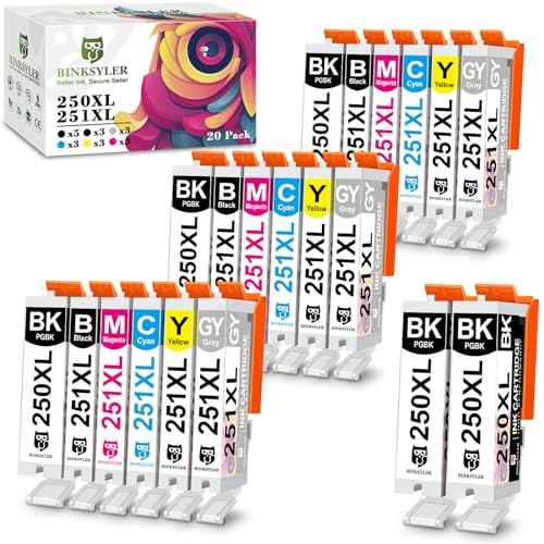 20-Pack 250XL 251XL Ink Cartridges, Compatible for Canon 250 251 PGI-250XL CLI-251XL GY Ink to Use for Pixma iP8720 MG7120 MG7520 MG6320 (5 PGBK, 3 Cyan, 3 Magenta, 3 Yellow, 3 Black, 3 Gray)