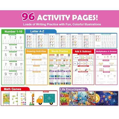 6 Pack Large Grooved Handwriting Copybooks,10.2 x 7.4 In Magic Writing Practice Workbooks with Pens,Reusable Alphabet,Numbers Tracing Books for Kids 3-8,Kindergarten Preschool Learning Activities