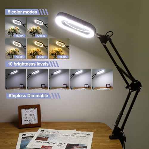 Drdefi 10X Square Magnifying Glass with Light and Stand, Real Glass LED Lighted Magnifier, 5 Color Modes Stepless Dimmable, Hands-Free Mag Desk Lamp with Clamp for Reading Craft Hobby Close Work