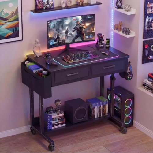 WINAZ 31.5" Black Adjustable Rolling Standing Desk with Drawers - Mobile Workspace