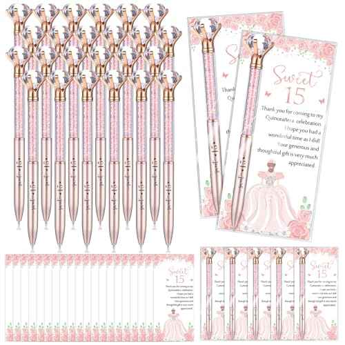50 Sets Quinceanera Party Favors Sweet 15th Thank You Gifts Big Crystal Diamond Pens with Thank You Cards Retractable Ballpoint Bling Pens 15 Birthday Mis Quince Gifts for Guests (Rose Gold)