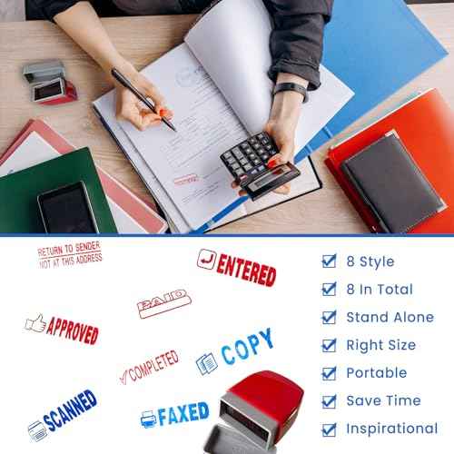 8PCS Office Stamps Set, Rubber Business Stamp in Red and Blue Ink, Copy Paid Scanned Faxed Approved Completed Message Work Stamp with Storage Tray, Christmas Gifts for Finance Staff