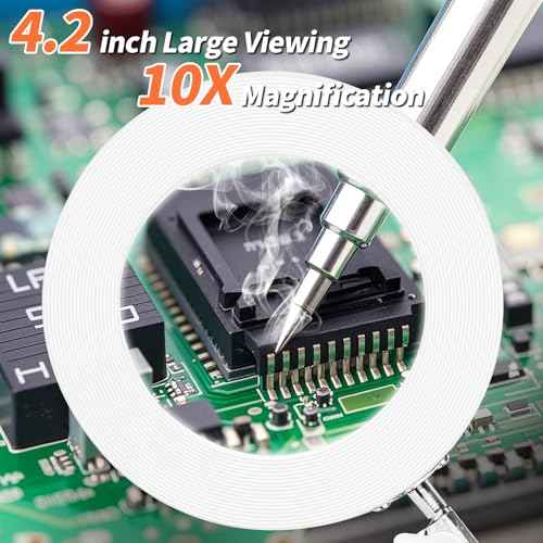 HITTI 10X Magnifying Glass with Light, 1800 Lumens Stepless Dimmable, 3 Color Modes, 4.2¡È Real Glass Lens LED Magnifying Lamp with Clamp, Magnifier Light and Stand for Craft Reading Workbench-White