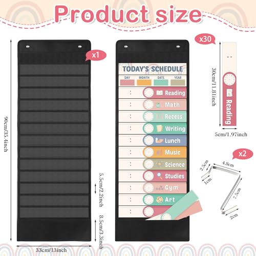 Pasimy Daily Schedule Pocket Chart - Colorful Rainbow Classroom Organizer with 14 Pockets