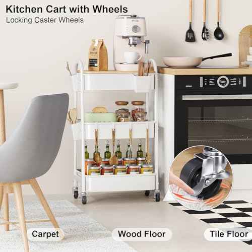 3 Tier Rolling Cart Metal with Wheels and Bamboo Table Top, Art Cart Organizer on Wheels, White Three Tiered Storage Utility Carts for Craft, Baby, Diaper Caddy,Coffee,Kitchen,Cleaning,Office Supplies