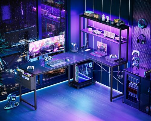 AODK Reversible L Shaped Gaming Desk with LED Light & Power Outlet - 61 Inch Black