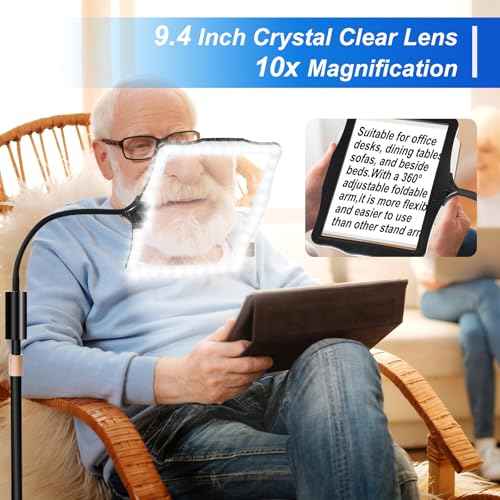 10X Magnifying Glass, with Light and Stand, 3 Light Modes Rechargeable Floor Magnifying,Suitable for Reading, Sewing, Crafts, DIY, Embroidery, Close Work. Magnifiers for Seniors
