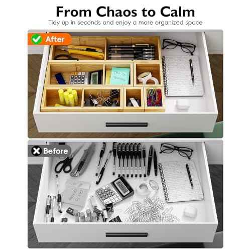 12-Piece Bamboo Desk Drawer Organizer Tray ? Adjustable Storage Boxes with 24 Adjustable Compartments for Office Drawer, Jewelry, Vanity & Desk Accessories