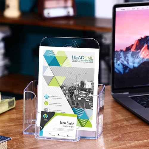 Remerry 4 Set 6.5 Inch Wide Acrylic Brochure with Business Card Holder, Bifold Clear Brochure Display Stand Flyer Literature Magazine Pamphlet Booklet Holder for Desk or Wall Mount Display