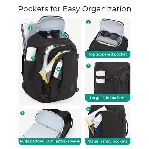 BAGSMART Travel Backpack Carry on Flight Approved, 28L Lightweight Backpack Fits 17.3 Inch Laptop for Men Women, Water Resistant Personal Item Travel Bag with USB Charging Port, Black