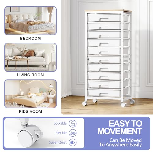 SYKIARIOL Rolling Cart with 10 Drawers - White, Metal Wood Plastic, Lockable Wheels