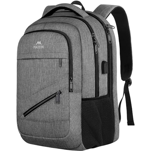 MATEIN Travel Laptop Backpack, 17 Inch Work TSA Approved Carry on Backpack, Large Computer Business Bag for Men Women with USB Port and Trolley Sleeve, College School Rucksack Book Bag, Grey