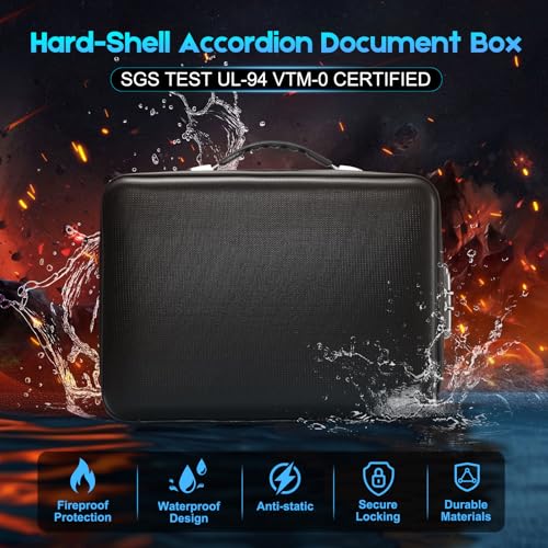 SEEKIND Fireproof Document Box with Lock, Hard-Shell Case File Organizer with Accordion File Folder, Multi-Layer Portable Home Office Travel Safe Box for Important Documents& Valuables (Black)