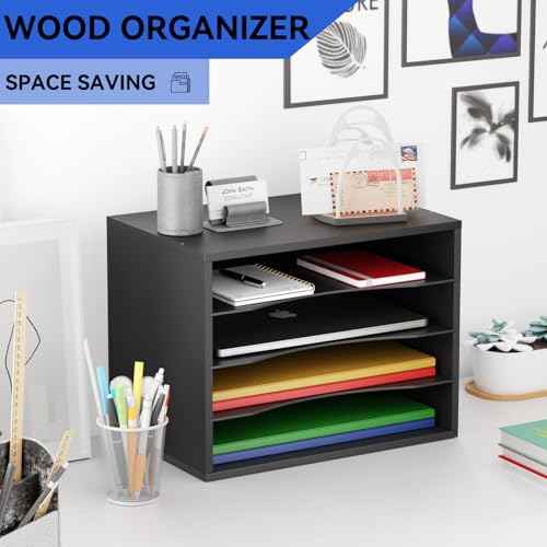 Wood Desktop Letter Tray File Organizer, Paper Storage Mail Sorter with 3 Adjustable Drawer Boards for Home and Office, Black