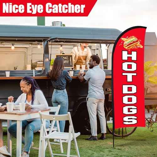 Buryeah 2 Sets Hot Dogs Feather Flag Kit 7 x 5.4 ft Hot Dogs Swooper Flag Pole Kit with Pole Ground Stake and Portable Bag Hot Dog Sign for Restaurant Advertising Business Outside Ground(Red)