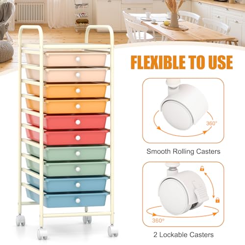 HOMGX Storage Cart with 10 Drawers, 10 Tiers Rolling Drawer Cart with 2 Lockable Wheels, Slim Rolling Storage Cart for Office/School/Home, Macaron