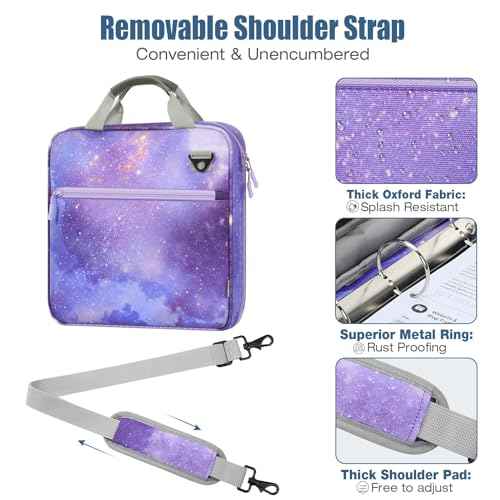 MoKo Zipper Binder, 2 inch 3 Ring Binder with 500 Sheet Capacity Multi-Pocket School Bag with Padded Shoulder Strap Handle, School Supplies Organizer for Middle Student, Star Purple