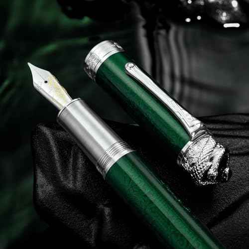 HONG DIAN N25 Piston Fountain Pen, Fine Nib Snake Stereoscopic Carving Design with Metal Case Set (Emerald Green)