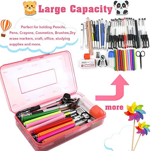 BOEIAC 1pcs Clear Pink Large Capacity Pencil Box with Snap Lid - Stackable & Durable