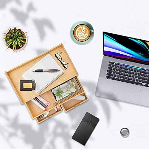 Wisuce Bamboo Desk Organizer, Mini Desktop Drawer Tabletop Storage Organization Box for Office Home Toiletries Supplies Vanity, No Assembly Required (3 Drawer with Shelf)