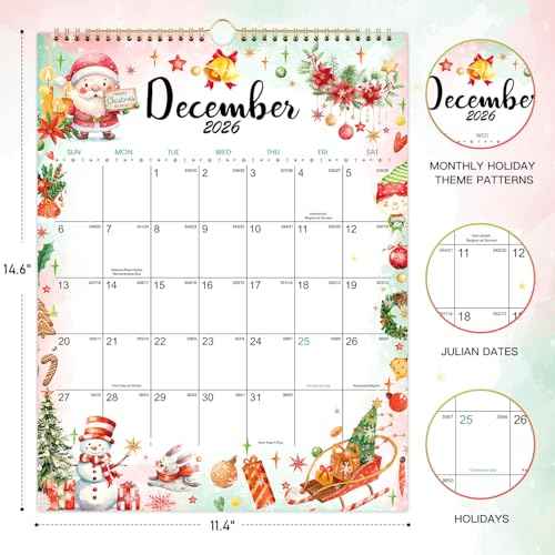2026 Wall Calendar - 11.4" x 14.6", 2026 Wall Calendar 12 Month from JAN. - DEC. 2026, Twin-Wire Binding, Blank Block, Julian Dates, Hanging Loop, Holiday Reminder, Thick Paper