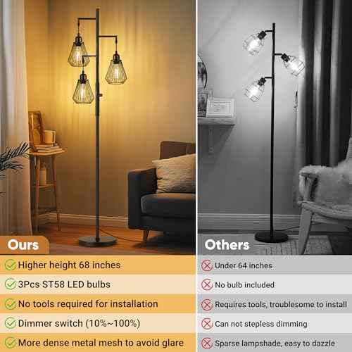 QiMH Industrial Floor Lamps for Living Room, Tree Standing Lamp with Stepless Dimmable, 68" Modern Tall Lamps for Bedroom Study Home Office, Rotary Switch, 3 LED Bulb Included, Black