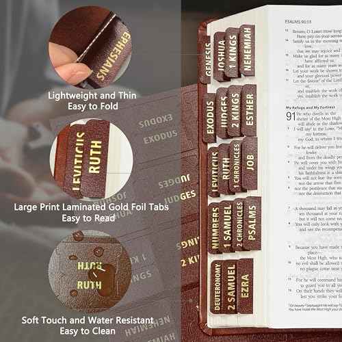Bible Tabs for Women and Men - Leather Paper Bible Index Tabs - Large Gold Foil Laminated Tabs - Bible Journaling Supplies - 66 Bible Tabs for Old and New Testament,14 Blank tabs (Brown)