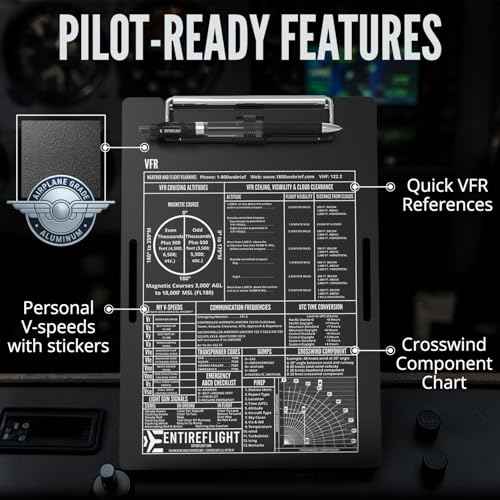 EntireFlight - Aviation Pilot Kneeboard VFR Black with Structured Notepad, Pilot Gear & Flight Bag Accessory, Airplane Grade Aluminum, Elastic Knee Strap & Pen Included for Pilots
