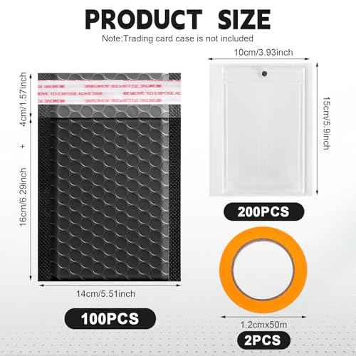302 Pcs Trading Card Shipping Protector Set Include 200 Precut Plastic Inserts Card Mailers 100 Poly Bubble Mailers Padded Envelopes and 2 Masking Tape (Black,5.5 x 6.3 Inch)