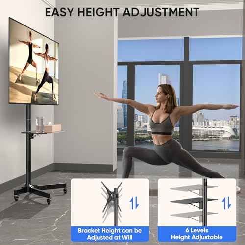 Mobile TV Cart for 23-55 Inch LCD LED Flat/Curved TVs with Tilting and Rotating, Portrait to Landscape, Height Adjustable Portable Rolling TV Stand with Wheels, up to 88lbs Max VESA 400x400 mm