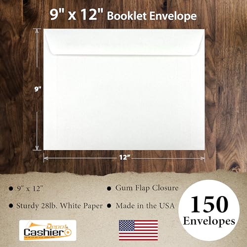 150 Count White Wove Booklet Envelopes 9 x 12 Inch Heavy-Gauge Open Side Gummed Flap - Made in USA
