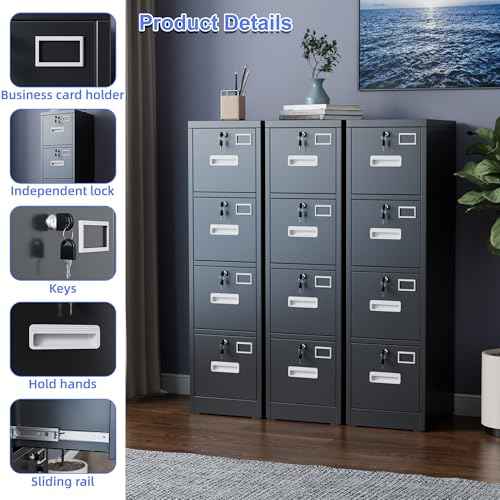 SUXXAN 4 Drawer File Cabinet, Metal Vertical Black Filing Cabinets with Locks Name Card Holder for Home Office, Assembly Required
