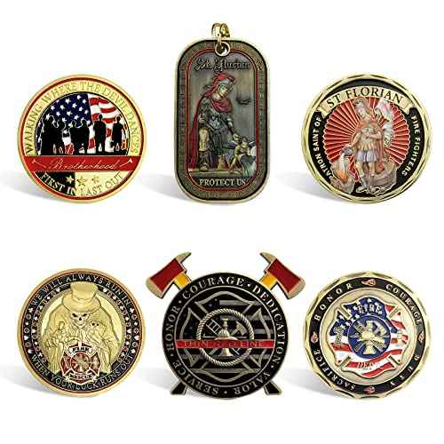 Firefighter Challenge Coin- Fireman Coin Gift Box with 6 Fire Department Prayer Badge, Firefighter Gifts for Men/Women/Son/Dad