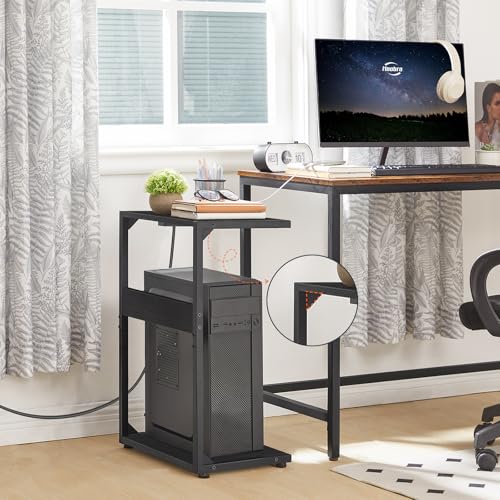HOOBRO Computer Tower Stand, PC Stand with Charging Station, 2-Tier PC Tower Stand with Locking Caster Wheels, CPU Stand Fits Most PCs, PC Stand for Floor, for Home Office Rustic Brown BF01UCJ01G1