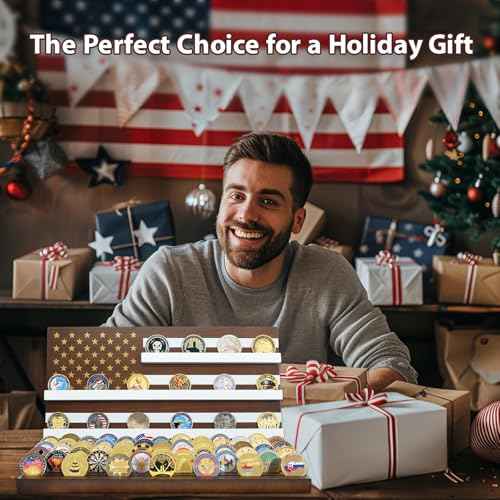 11 Rows American Flag Challenge Coin Display Holder Stand - Wooden Military Coin Holder for Desk - Holds 80-90 Coins - Ideal for Veterans, Collectors, and Patriots, Walnut