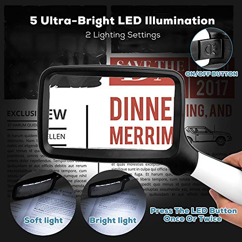 Tobegiga Black Handheld LED Lighted Reading Magnifier 5X Rectangle for Seniors