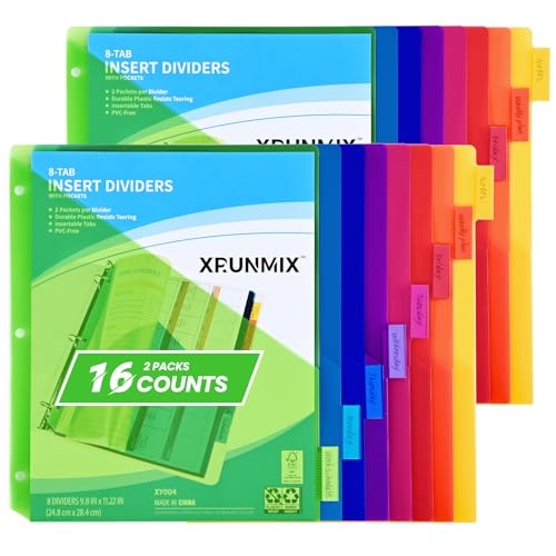 XRUNMIX 2 Packs 8-Tab Binder Dividers with Pockets for 3-Ring Binders, Multicolor, US Letter Size, 0.5''-3''