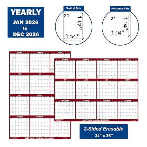 24" x 36" SwiftGlimpse 2026 Wall Calendar Erasable Large Wet & Dry Erase Laminated 12 Month Annual Yearly Wall Planner, Reversible, Horizontal/Vertical, Maroon