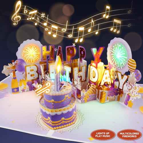 XTF2015 Firework Birthday Cards£¬Music & LED Lights 3D Pop Up Greeting Card with Blowable Birthday Cake, Comes with Digital DIY, Sticky Note and Envelope, for Lover, Family and Friend