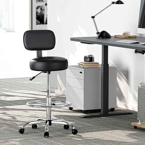 SUPERJARE Drafting Chair with Back, Adjustable Foot Rest Rolling Stool, Multi-Purpose Office Desk Chair, Thick Seat Cushion for Home Bar Kitchen Shop - Black 7205B